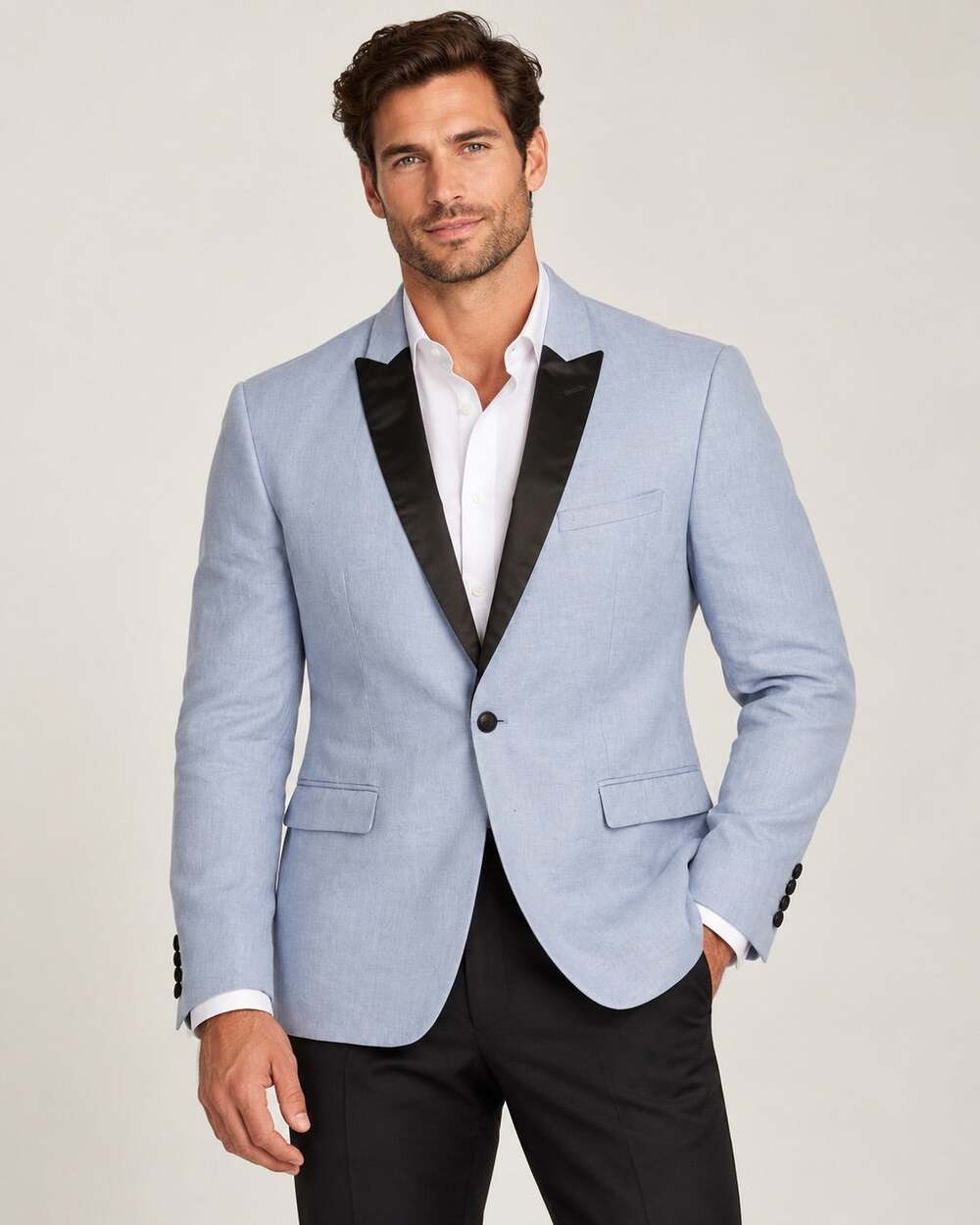 Bar III Men’s 46R Light Blue Linen Tuxedo Blazer Black Satin Peak Lapel Slim Fit